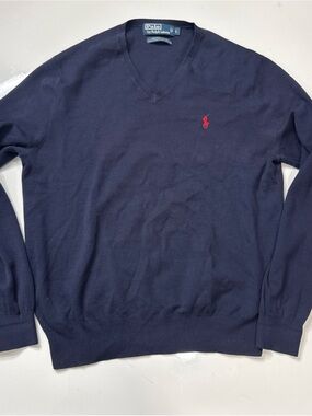 Polo Ralph Lauren Men'S Navy V-Neck 100% Pima Cotton Knit Sweater Pullover L A03